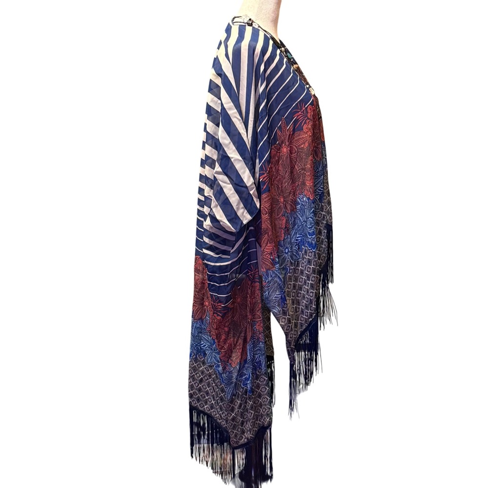 DressBarn Women One Size Blue Red Floral Stripe Kimono Duster Fringe‎ - Picture 2 of 6